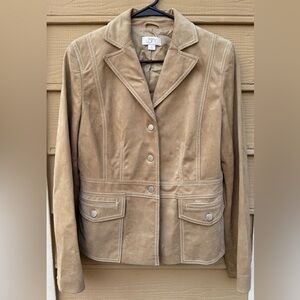 Ann Taylor By Loft 100% Sued Leather Jacket Tan With Pockets
